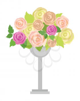 Wedding bouquet of pink, white and green roses in vase isolated on white. Wedding decoration. Romantic gentle element for wedding design. Wedding decor fashion interior. Decoration with roses. Vector