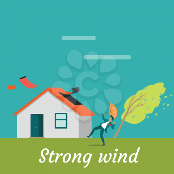 Strong wind destroying house and killing man. Natural disaster. Deadly wind near house ruins everything. Hurricane damages village cottage. Catastrophe caused by strong wind. Vector illustration