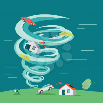 Destructive tornado vector concept. Flat design. Huge vortex lifted into the air house, car and trees, knocked down man and destroyed building. Natural disaster illustration for insurance company ad