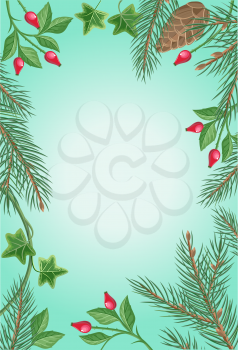 Winter frame with rose hips, pine tree branches with cones and ivy leaves. Spare place for your text. For greeting card, postcard design. Happy holidays. New Year and Christmas concept. Vector