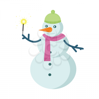 Snowman vector illustration. Snowman made with three balls of snow with bucket instead of hat, carrot nose and hands from branches holding sparkler. Snowy entertainments. Celebrating winter holidays