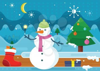 Snowman in green hat and pink scarf isolated on christmas landscape background. Winter holidays concept design. Cartoon character making xmas wonderland. Winter scene snow tree. Vector illustration