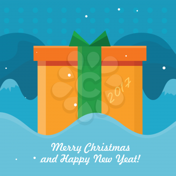 Merry christmas and Happy New Year vector concept. Flat design. Orange gift box with green ribbon on blue snowy background. Winter holidays celebrating symbol. For greeting cards, invitations design 