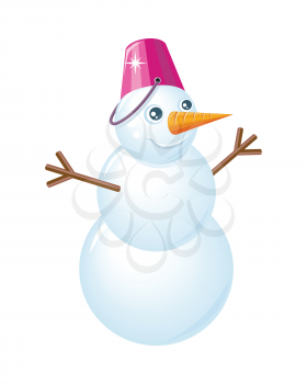 Snowman vector illustration. Flat design. Snowman made with three balls of snow with bucket instead of hat, carrot nose and hands from branches. Snowy entertainments. Celebrating winter holidays