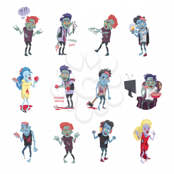Zombie fictional undead beings set. Created by reanimation of human. Horror fantasy concept. Science fiction cartoon characters in flat style. Radiation, mental diseases, viruses, scientific accidents