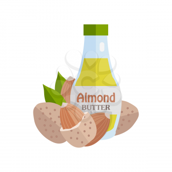 Almonds with Almond Butter. Ripe almonds in flat. Almond butter in glass bottle. Several brown almond kernels with leaves. Healthy vegetarian food. Vector illustration