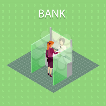 Bank concept vector concept in isometric projection. Read-head woman gives money cashier on cash register. Illustration for business, finance companies ad, apps design, icons, infographics.  