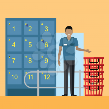 Lockers and security personnel in supermarket vector. Flat design. Saving personal things while shopping in store. Smiling man guard in uniform standing near lockers and baskets on entrance in mall. 