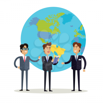 Business people in business suit and tie stands on a background with planet. Smiling business man. Business trip. Flat design vector illustration