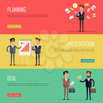 Set of business conceptual web banners. Vectors with businessman at work in flat style. Planning, presentation, deal horizontal illustrations on color backgrounds for companies web pages design.