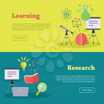 Research and learning web banners. Laboratory template of flyear. Learning infographic concept background. Scientific research, science lab, science test, technology illustration in flat.