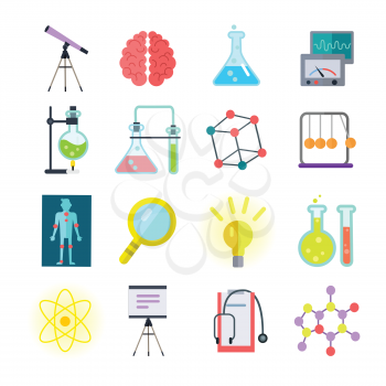 Set of colorful science icons. Symbols of different sciences tube, metronome, magnifying glass, brain, telescope, stethoscope, light, measuring device. Scientific research learning science test