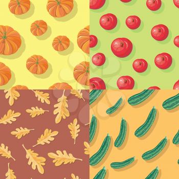 Set of autumn seamless patterns. Endless textures of colorful pumpkins, red apples on green, oak tree leaves and vegetable marrow courgette or zucchini. Collection of fall backgrounds. Vector