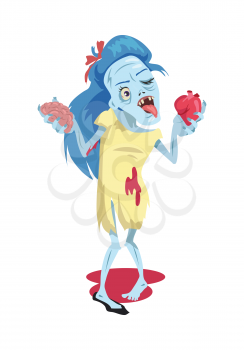 Scary zombie walking. Dead woman with blue hair, standing in pool of blood and holding human heart and brain in hands flat vector isolated on white background. Horror character for Halloween concept
