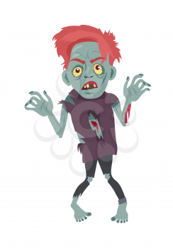 Scary zombie walking. Frightening dead man with red hair, grey skin, blood stains, bones dressed in tatter flat vector illustration isolated on white background. Horror character for Halloween concept