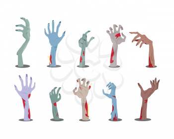 Zombie hands sticking out from the ground. Various damaged and dried human limbs appear from the grave flat vector illustrations isolated on white. Undead arises on cemetery. For Halloween party decor