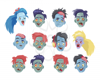 Zombies heads collection. Variety faces of undead monsters with love, sadness, anger, fun, confusion, joy emotions flat vector illustrations set isolated on white background. For halloween concepts