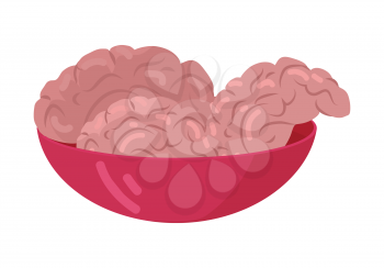 Zombies flesh treat. Fresh human brains in red bowl flat vector illustration isolated on white background. Food for horror undead monsters. For Halloween celebrating humorous concepts design