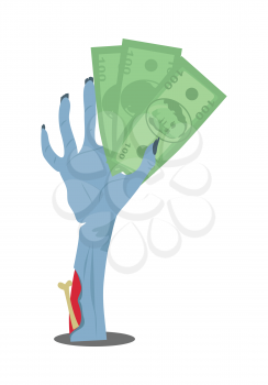 Zombie hand sticking out of the ground with dollar bills flat vector illustration isolated on white. Living dead ready to spend money. Humorous concept of human mass consumerism, halloween party decor