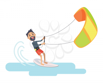 Athlete takes part at kite surfing Spain festival isolated on white. Kitesurfing is style of kiteboarding. Man windsurfing on water surface with air kite. Water sport vector illustration in flat style