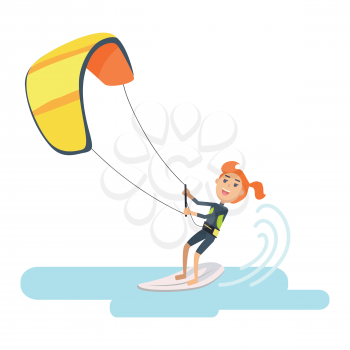 Woman takes part at kite surfing Spain festival isolated on white. Kitesurfing is style of kiteboarding. Girl windsurfing on water surface with air kite. Water sport vector illustration in flat style