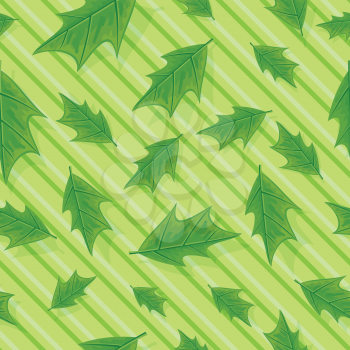 Leaves vector seamless pattern. Flat style illustration. Falling green tree leaves on striped background. Autumn defoliation. For wrapping paper, greeting card, invitation, printing materials design