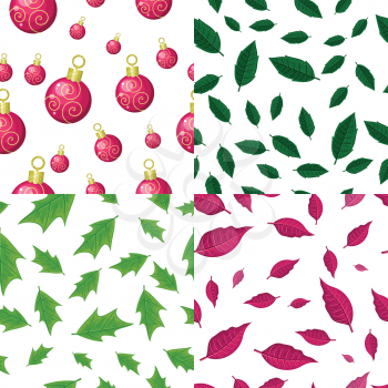 Set of seamless patterns with falling red, green leaves and christmas tree toys on white background. Flat style vector. For gift wrapping, greeting cards, invitations, printing materials design