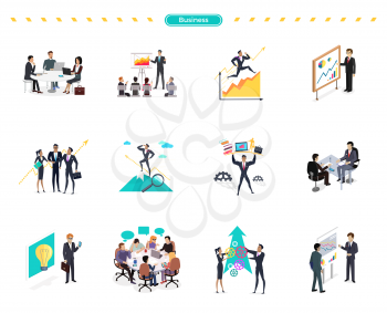 Set of business banner teamwork and solution. Success businessman searching for oppotrunities, professional support, knowledge and teamwork, business solution, strategic management, human resources