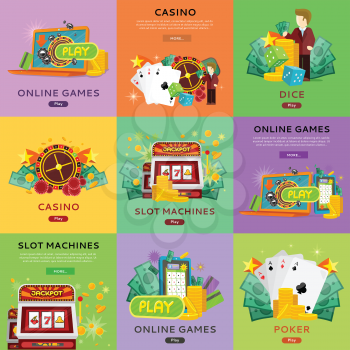 Casino, slot machines, dice, poker and online games banners. European roulette wheel, chips, croupier, craps dice, slot machine and playing cards on color background. Banner for online casino