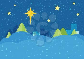 Christmas night vector concept. Flat design. Starry sky with bright eight-pointed star of Bethlehem on snowy winter night, snowdrifts, spruce trees, city lights far. Winter holidays celebrating 