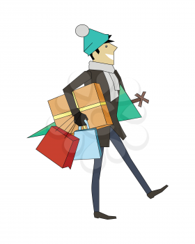 Winter holidays concept vector. Flat style. Man in winter clothes walking with gifts and christmas tree in hands. Christmas and New Year celebrating. Buying presents for family. Holiday shopping