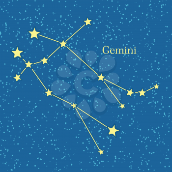 Night sky with Gemini constellation. Vector illustration. Traditional zodiacal sign on celestial sphere marked bright stars and lines. For astrological, astronomical, educational, science concepts