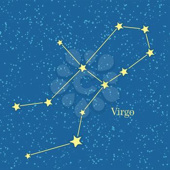 Virgo zodiac symbol on background of cosmic sky. Sixth astrological sign in the Zodiac, originating from the Virgo constellation. Horoscope sign of zodiac. Astrology and mythology concept. Vector
