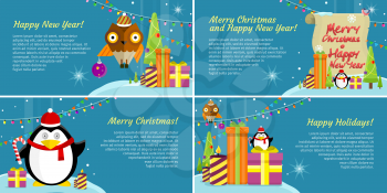 Set of web banners. Merry Christmas and Happy New Year Merry Christmas Happy New Year Happy Holidays Posters, Xmas greeting card, winter season holiday celebration. Vector in flat style design