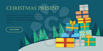 Christmas present web banner. Big pile of colorful wrapped gift boxes. Snowy landscape background. Christmas gift boxes with snow forest. Gift icon sign symbol. Holiday concept. Vector illustration