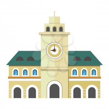 Urban city illustration. Government building with clock. Three storey building with windows in arc form. Tower with big clock in the center of the building. Vector illustration in flat style