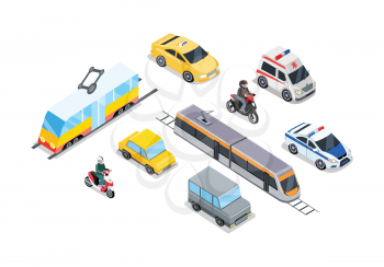Public transportation. Traffic items collection. Car moto bus taxi ambulance safari off road moto train police car. City service transport icons. Part of series of city isometric. Vector illustration