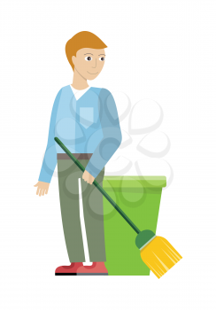 Cleaning service concept vector. Flat style design. Smiling man character standing with broom in hand. Small private business. Illustration for housekeeping companies and services advertising