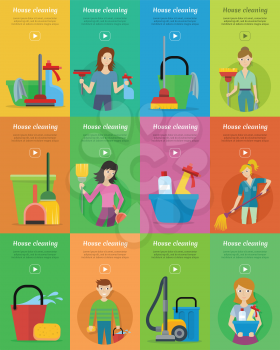 Set of house cleaning banners. Man and woman with cleaning equipment and detergent. House cleaning service, professional office cleaning, home cleaning illustration in flat. Vertical website template