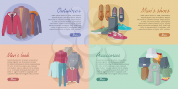 Set of fashion vector web banners. Flat design. Outwear, accessories, men s look and shoes concepts on colored backgrounds. Horizontal illustrations for modern clothes store landing page design 
