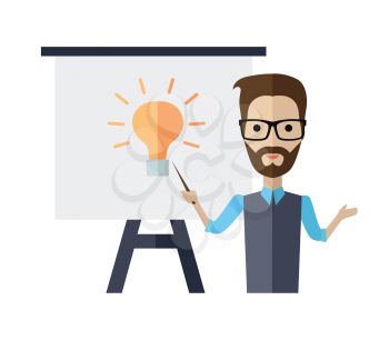 Successful young man with glasses making a presentation near whiteboard with infographics. Coaching and shows business charts and graphs. Business seminar. Board at a presentation with information