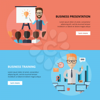 Business presentation and training banner. Motivational management. Man talks about new direction in company strategy. Part of series of developing successful leadership in team working. Vector