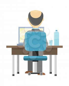 Bald man sitting at a desk and working on the computer, back view. Workplace, make money online, e-business, e-learning, concept. Man busy working on laptop computer. Vector illustration in flat.