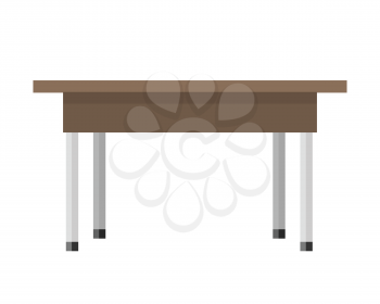 Wooden table in flat. Illustration of a classical brown wooden table with steel legs. Empty wooden deck table. Table icon. Isolated vector illustration on white background.