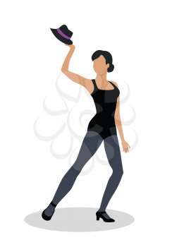 Jazz dancer in black tights launches with a hat. Dance to jazz music, including both tap dance and jitterbug. Graceful girl dance in tight cloth. Culture and entertainment. Vector illustration