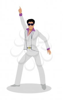Disco dancer vector illustration. Flat design. Man character in white suit and sunglasses in classic disco pose with raised hand. For celebrating, party concepts, dancing club ad. On white background.