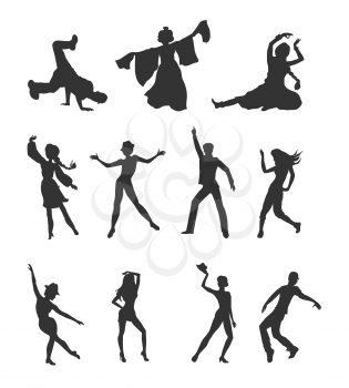 Dancing peoples. Men and women characters in modern and national clothes in different poses vector illustrations set isolated on white background. For app icons, logo, infographics, web design
