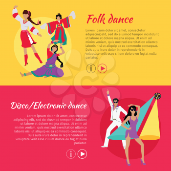Folk dance and Disco or electronic dance web banner. Electronic dance music, EDM, club music posters. Dance reflect traditional life of people of a certain country or region. Ritual dance. Vector