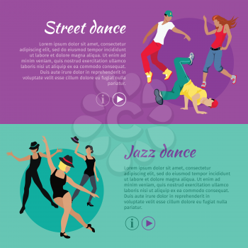 Collection of dancing web banners. Flat style. Street and jazz dance concepts with dancing women and men in modern casual, sportswear and scenic clothes. For dancing club, courses, landing page design