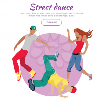 Street dance concept web banner. Flat style vector. Three break dancers, two man and girl dancing.  Contemporary choreography. For dancing school, party, event, festival web page landing design